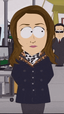 a cartoon of a woman wearing a scarf and a black coat