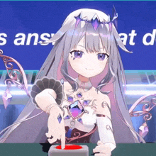 a girl with a crown on her head is pressing a button in front of a sign that says " s ans "