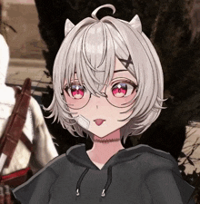 a girl with white hair and red eyes is wearing a choker and glasses