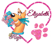 scooby doo is holding a bouquet of flowers and the name elizabeth is on the heart