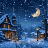a painting of a snowy village at night with a crescent moon