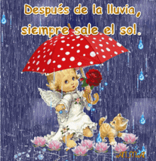 an angel holding a red polka dot umbrella and a rose