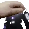 a hand is reaching out towards a robot with a purple light on it .