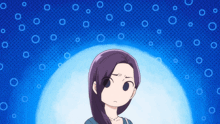 a woman with purple hair is standing in front of a blue background