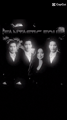a poster for fantastic four shows a man in a suit and a woman in a white dress