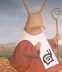 a snail is wearing a robe and holding a cane .