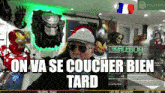 a man wearing sunglasses and a hat with the words on va se coucher bien tard in front of him