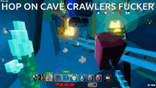 a screen shot of a video game with the words hop on cave crawlers fucker