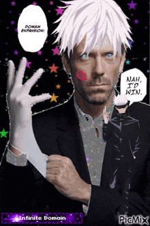 a man with white hair and blue eyes has a kiss on his cheek and says domain expansion nah i 'd win