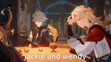 jackie and wendy are sitting at a table in an anime