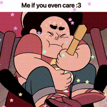 a cartoon character is sitting in a chair holding a microphone and says me if you even care : 3