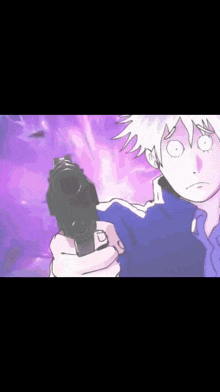 a cartoon character is pointing a gun at the camera with a purple background