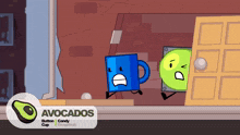 a cartoon of a blue mug and a green object with the words avocados on the bottom