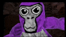 a close up of a purple gorilla with big eyes and a mustache