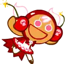 a cookie with a skull on it is wearing a red cape and holding a cherry .