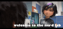 a cartoon character says welcome to the nerd lab in front of a man .