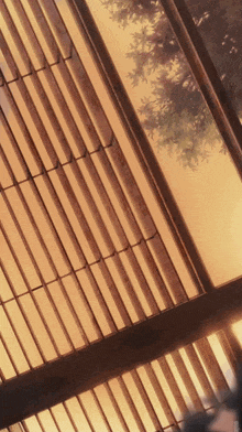 looking up at the ceiling of a building with a tree behind it
