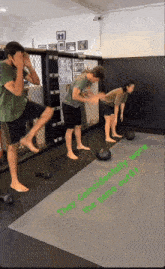 three men are doing exercises on a mat that says " they coincidentally more the same out "
