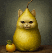 a cat shaped like a pear sits next to a small yellow apple
