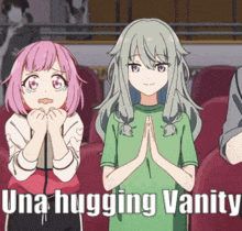 a group of anime girls are standing next to each other with the words una hugging vanity above them