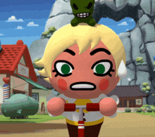 a cartoon character is riding a scooter with a green frog on his head