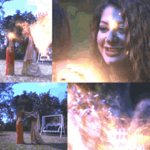 a collage of images shows a woman with fire coming out of her hair
