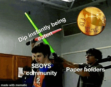 a meme with two boys holding lightsabers and a penny that says the boys