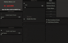 a screenshot of helms menu 1.0 showing walking thru rainbow shoes rainbow gloves finger wraps and more