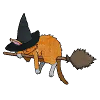 an orange cat wearing a witch hat is flying on a broom .