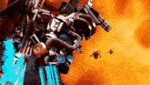 two robots are flying in front of a large machine that says ' avengers ' on it .