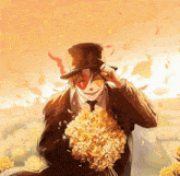 a man in a top hat holds a bouquet of flowers