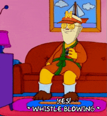 a cartoon character sitting on a couch with the words yes whistle blowing