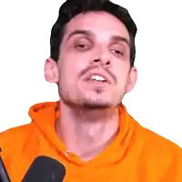 a man with a beard wearing an orange hoodie is talking into a microphone