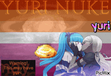 a yuri nuke poster with two girls kissing in front of a bomb