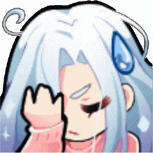 a cartoon drawing of a girl with white hair covering her face with her hand