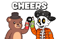 a teddy bear and a skeleton are toasting with a bottle of jarritos soda