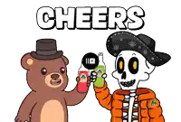 a teddy bear and a skeleton are toasting with a bottle of jarritos soda
