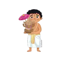 a cartoon of a man holding a statue of ganesha and an umbrella