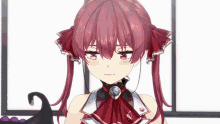 a close up of a girl with red hair and a bow