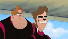 two cartoon characters are standing next to each other and one of them is smiling