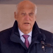 an elderly man in a suit and tie is standing in front of a microphone .
