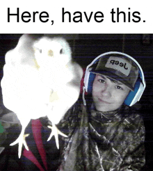 a man wearing headphones and a hat that says jeep