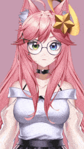 a pink haired anime girl with glasses and a star on her head