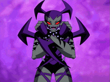 a purple background with a cartoon character with horns holding a sphere