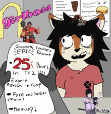 a cartoon drawing of a person holding a piece of paper that says epic resume 25k hours in tf2