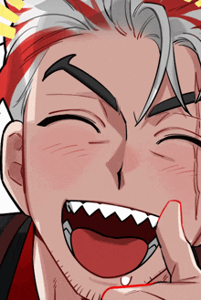 a close up of a man 's face with his mouth open and sharp teeth