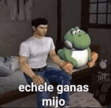 a man is sitting on a bed next to a stuffed animal that says echele ganas mijo .