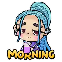 a cartoon of a girl with blue hair holding a cup of coffee with the word morning below her