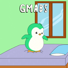 a cartoon of a penguin standing on a bed with the words gmabs above him