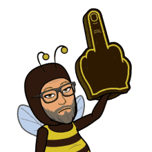 a cartoon of a man dressed as a bee holding an foam finger